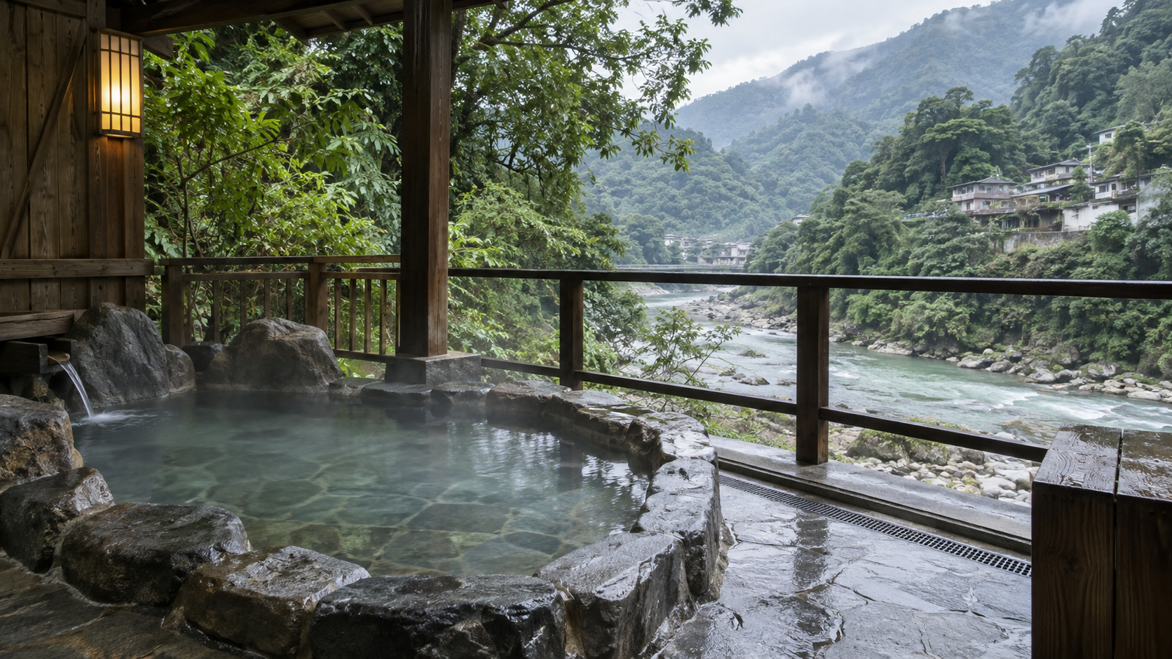 烏來山林與溫泉旅行情境示意圖